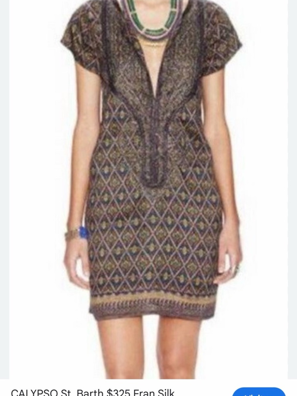 Calypso St Barth Printed Short Sleeve V-Neck Shift Dress in Brown - Worn Once